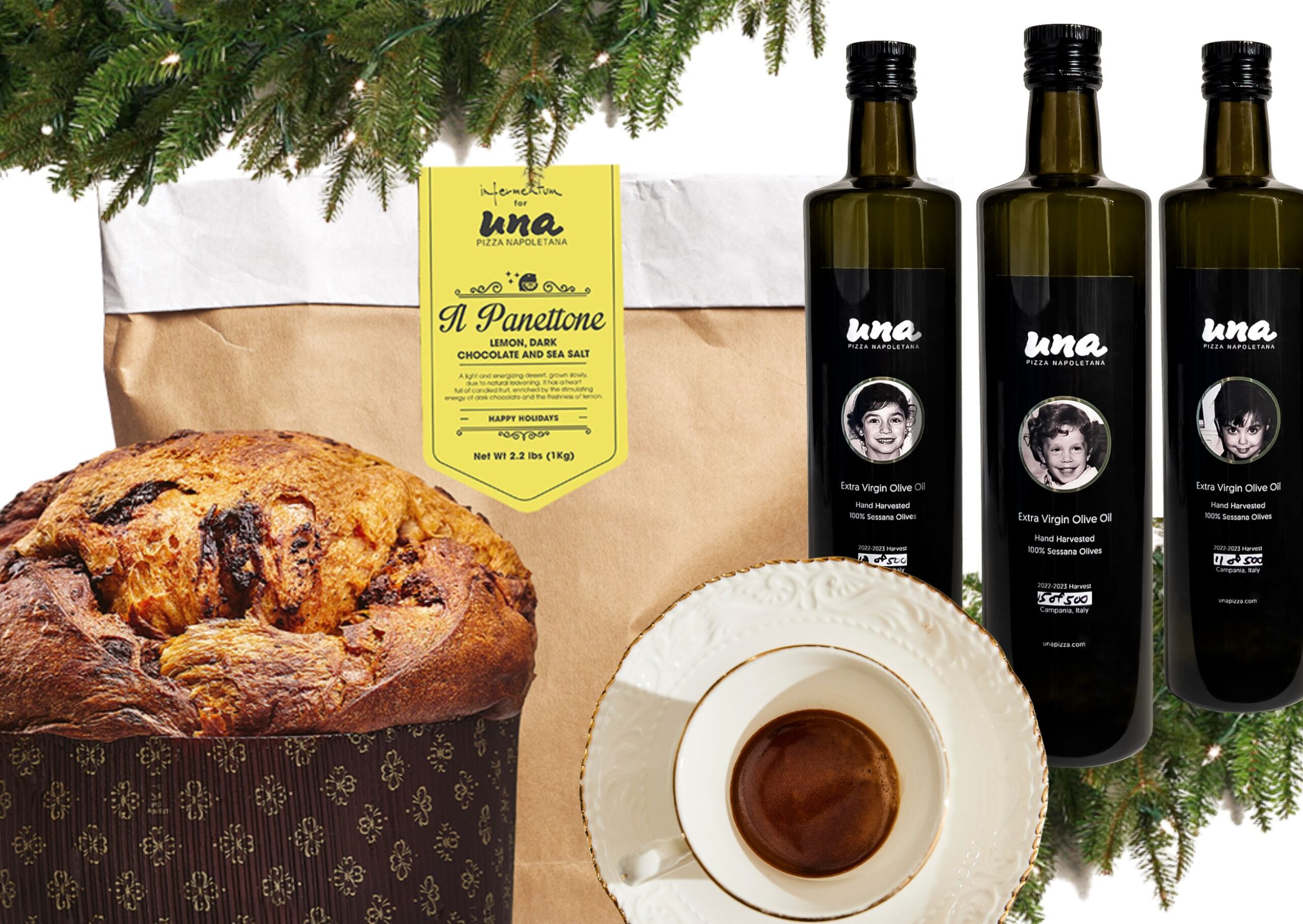 Caffe Napoletana holiday market panettone, extra virgin olive oil and vintage espresso cups