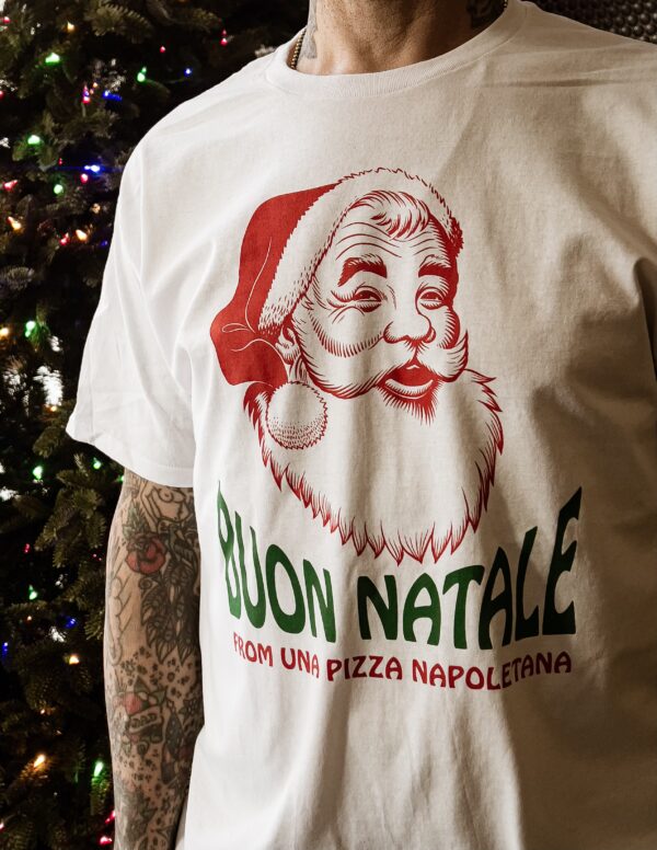 anthony wearing buon natale tshirt