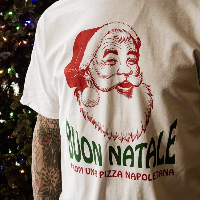 anthony wearing buon natale tshirt